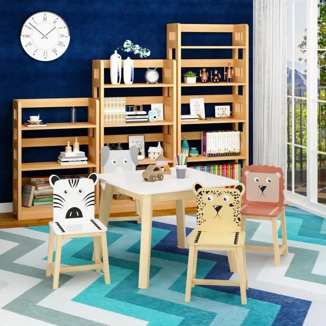 Alt view image 3 of 6 - Cute Wood Table with 4 Chairs Set, 5 Piece Cartoon Animals Wood Drawing Play Table and Chair Set Activity Tables for Home, Nursery, Kindergarten