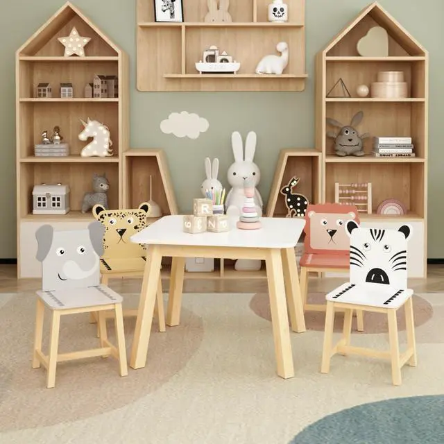 Alt view image 4 of 6 - Cute Wood Table with 4 Chairs Set, 5 Piece Cartoon Animals Wood Drawing Play Table and Chair Set Activity Tables for Home, Nursery, Kindergarten