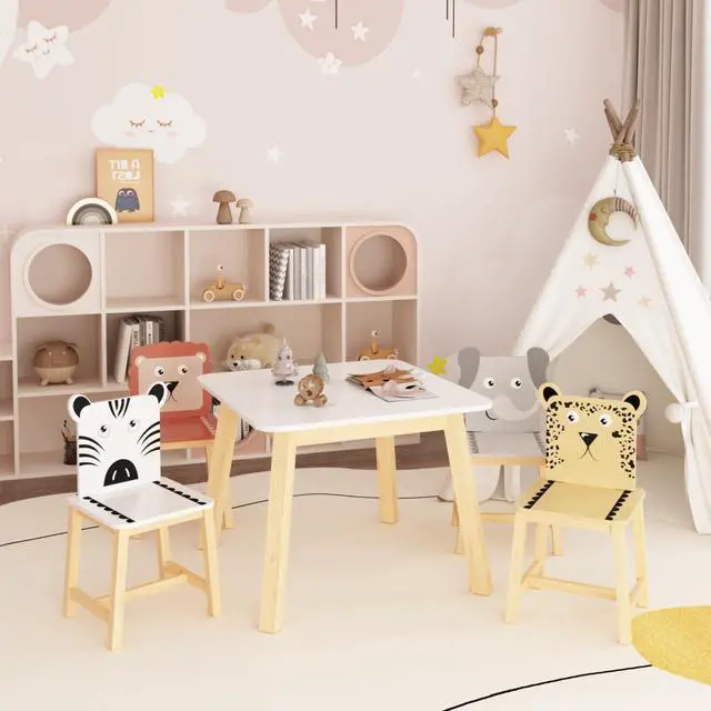 Alt view image 5 of 6 - Cute Wood Table with 4 Chairs Set, 5 Piece Cartoon Animals Wood Drawing Play Table and Chair Set Activity Tables for Home, Nursery, Kindergarten