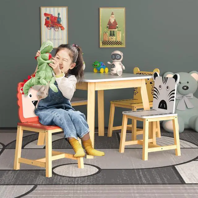 Alt view image 6 of 6 - Cute Wood Table with 4 Chairs Set, 5 Piece Cartoon Animals Wood Drawing Play Table and Chair Set Activity Tables for Home, Nursery, Kindergarten