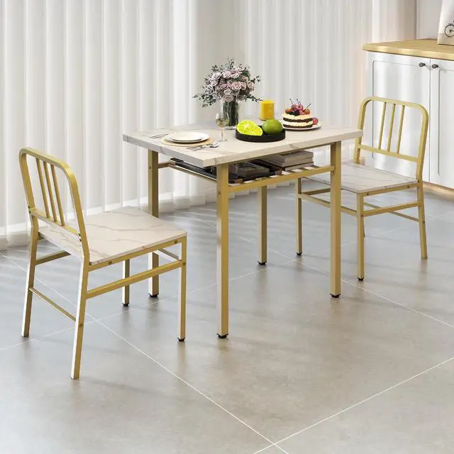 Main image of 3-Piece Dining Table Set for 2, Faux Marble Rectangular Kitchen Table and 2 Chairs with Storage Rack and Metal Frame, Space-Saving Dinette Set for Dining Room, Apartment, Small Space, White