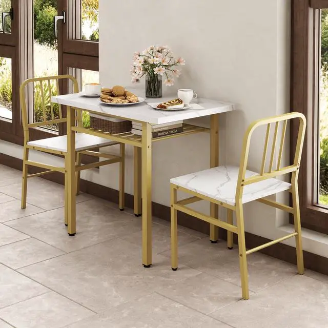 Alt view image 2 of 6 - 3-Piece Dining Table Set for 2, Faux Marble Rectangular Kitchen Table and 2 Chairs with Storage Rack and Metal Frame, Space-Saving Dinette Set for Dining Room, Apartment, Small Space, White