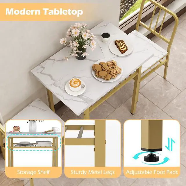 Alt view image 3 of 6 - 3-Piece Dining Table Set for 2, Faux Marble Rectangular Kitchen Table and 2 Chairs with Storage Rack and Metal Frame, Space-Saving Dinette Set for Dining Room, Apartment, Small Space, White