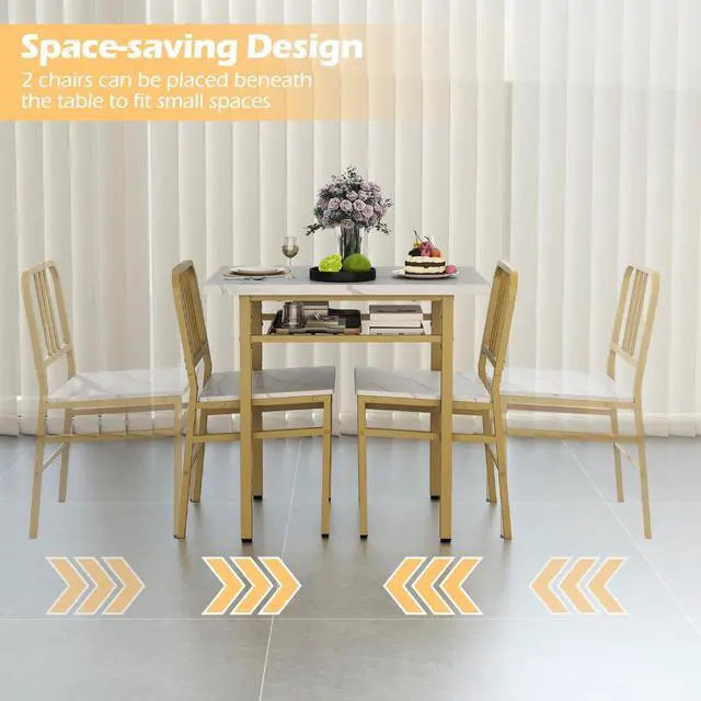 Alt view image 5 of 6 - 3-Piece Dining Table Set for 2, Faux Marble Rectangular Kitchen Table and 2 Chairs with Storage Rack and Metal Frame, Space-Saving Dinette Set for Dining Room, Apartment, Small Space, White