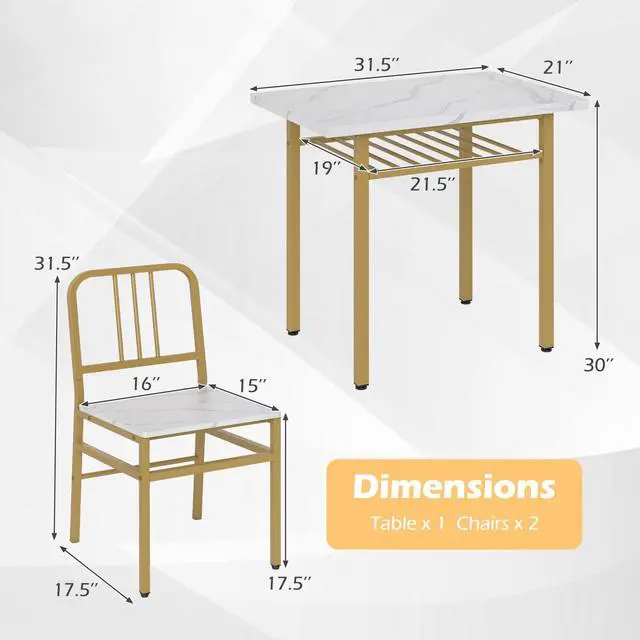 Alt view image 6 of 6 - 3-Piece Dining Table Set for 2, Faux Marble Rectangular Kitchen Table and 2 Chairs with Storage Rack and Metal Frame, Space-Saving Dinette Set for Dining Room, Apartment, Small Space, White