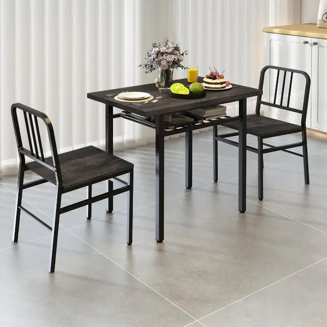 Main image of 3-Piece Dining Table Set for 2, Wooden Rectangular Kitchen Table and 2 Chairs with Storage Rack and Metal Frame, Space-Saving Dinette Set for Dining Room, Apartment, Small Space, Grey