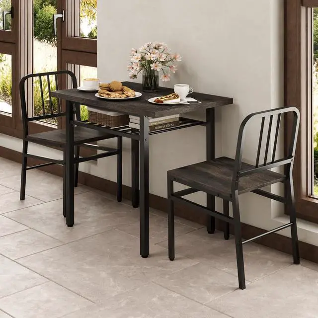 Alt view image 2 of 6 - 3-Piece Dining Table Set for 2, Wooden Rectangular Kitchen Table and 2 Chairs with Storage Rack and Metal Frame, Space-Saving Dinette Set for Dining Room, Apartment, Small Space, Grey