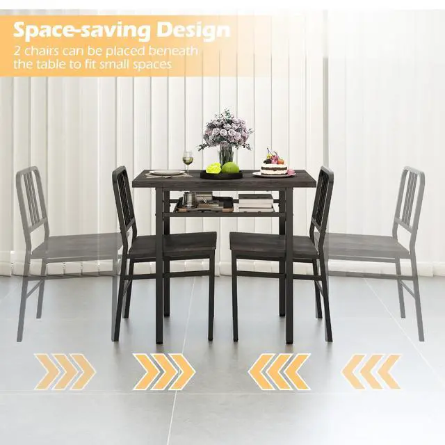 Alt view image 5 of 6 - 3-Piece Dining Table Set for 2, Wooden Rectangular Kitchen Table and 2 Chairs with Storage Rack and Metal Frame, Space-Saving Dinette Set for Dining Room, Apartment, Small Space, Grey