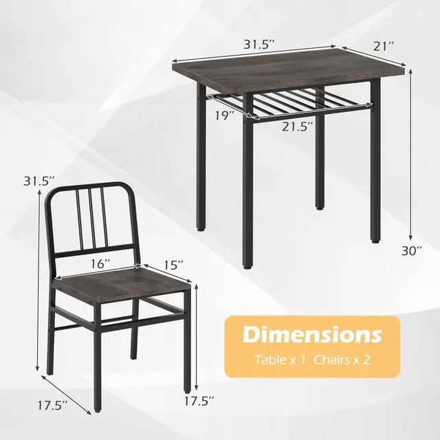 Alt view image 6 of 6 - 3-Piece Dining Table Set for 2, Wooden Rectangular Kitchen Table and 2 Chairs with Storage Rack and Metal Frame, Space-Saving Dinette Set for Dining Room, Apartment, Small Space, Grey
