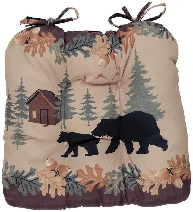 Main image of Cozy Cabin Bears Chair Pad - Rustic Kitchen Seat Cushion with Oak Leaf Border