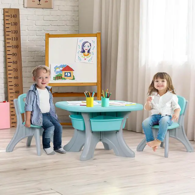 Alt view image 2 of 6 - Kids Table and Chair Set, 3 Piece Activity Table w/Detachable Toy Storage Bins for Children Reading Art Craft, Green