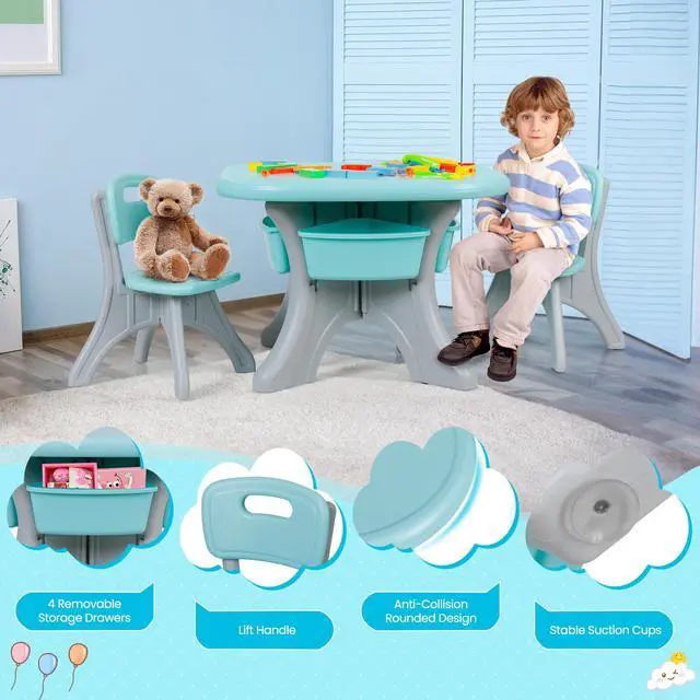 Alt view image 4 of 6 - Kids Table and Chair Set, 3 Piece Activity Table w/Detachable Toy Storage Bins for Children Reading Art Craft, Green