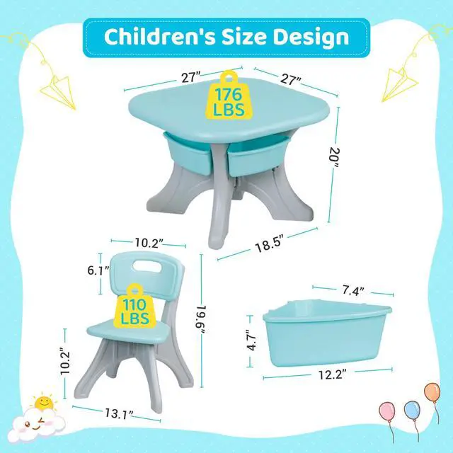 Alt view image 5 of 6 - Kids Table and Chair Set, 3 Piece Activity Table w/Detachable Toy Storage Bins for Children Reading Art Craft, Green