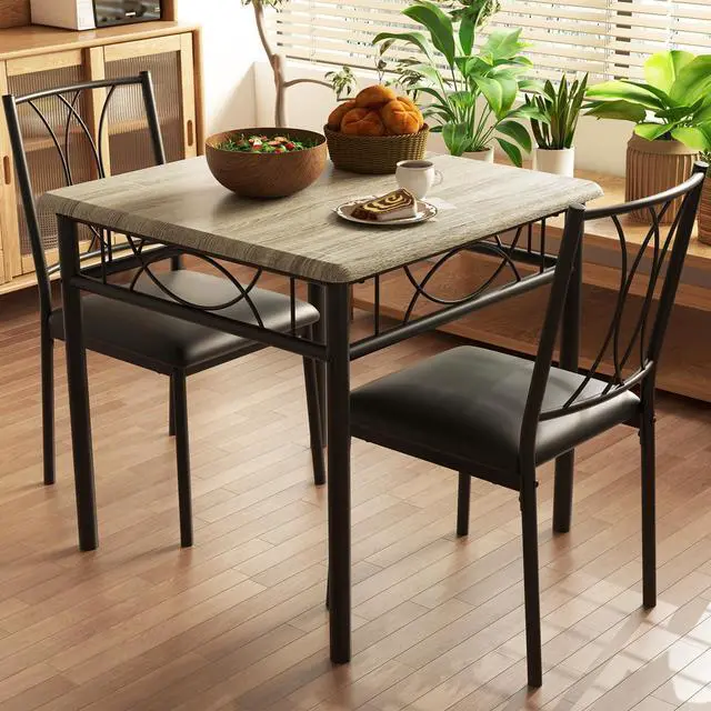 Main image of 3-Piece Dining Table Set for 2, Square Space-Saving Kitchen Table & 2 Upholstered Chairs for 2, Compact Apartment Kitchen & Dining Room Set Furniture for Small Spaces, Ruatic Gray
