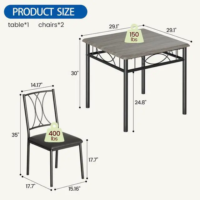Alt view image 2 of 6 - 3-Piece Dining Table Set for 2, Square Space-Saving Kitchen Table & 2 Upholstered Chairs for 2, Compact Apartment Kitchen & Dining Room Set Furniture for Small Spaces, Ruatic Gray