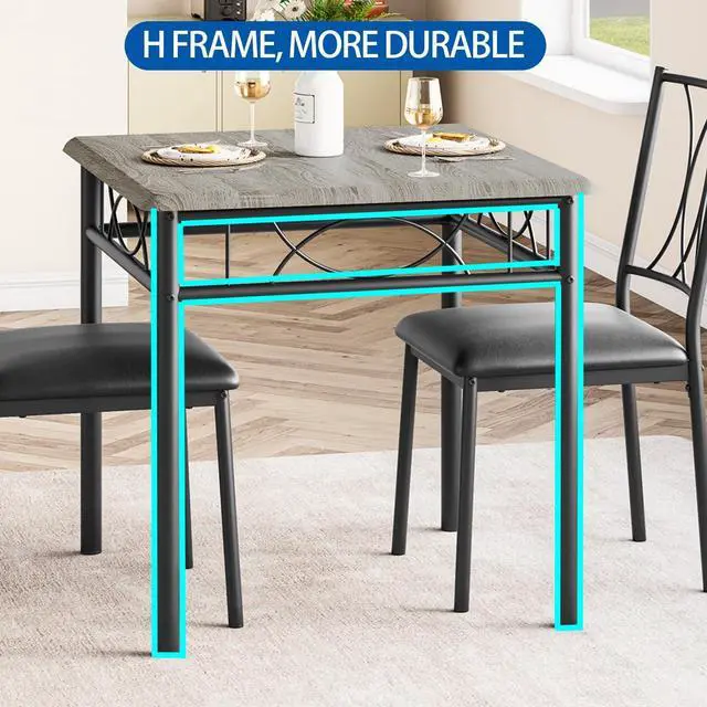 Alt view image 3 of 6 - 3-Piece Dining Table Set for 2, Square Space-Saving Kitchen Table & 2 Upholstered Chairs for 2, Compact Apartment Kitchen & Dining Room Set Furniture for Small Spaces, Ruatic Gray