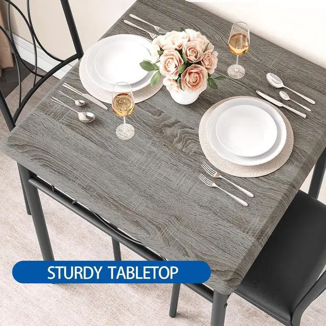 Alt view image 6 of 6 - 3-Piece Dining Table Set for 2, Square Space-Saving Kitchen Table & 2 Upholstered Chairs for 2, Compact Apartment Kitchen & Dining Room Set Furniture for Small Spaces, Ruatic Gray