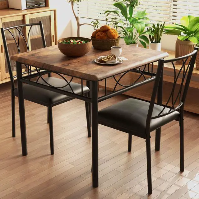 Main image of 3-Piece Dining Table Set for 2, Square Space-Saving Kitchen Table & 2 Upholstered Chairs for 2, Compact Apartment Kitchen & Dining Room Set Furniture for Small Spaces, Rustic Brown