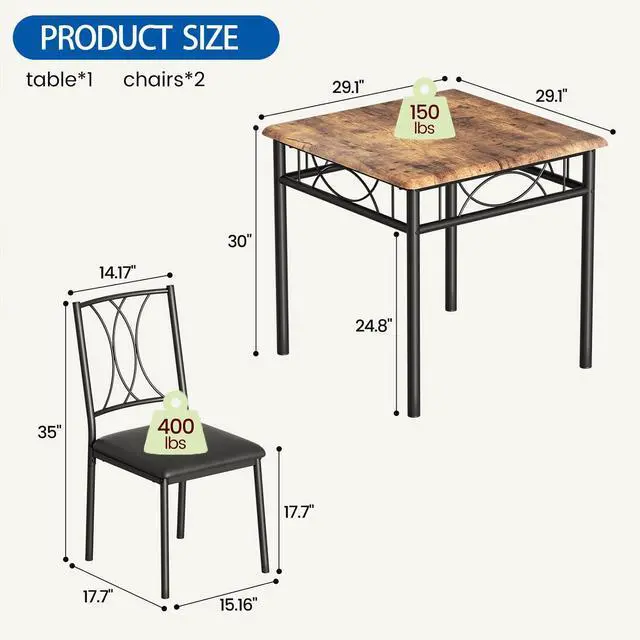 Alt view image 2 of 6 - 3-Piece Dining Table Set for 2, Square Space-Saving Kitchen Table & 2 Upholstered Chairs for 2, Compact Apartment Kitchen & Dining Room Set Furniture for Small Spaces, Rustic Brown