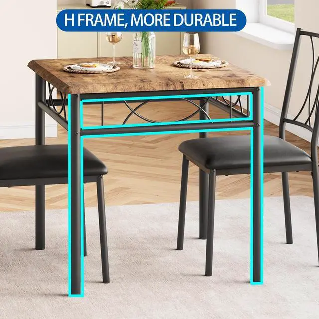 Alt view image 3 of 6 - 3-Piece Dining Table Set for 2, Square Space-Saving Kitchen Table & 2 Upholstered Chairs for 2, Compact Apartment Kitchen & Dining Room Set Furniture for Small Spaces, Rustic Brown