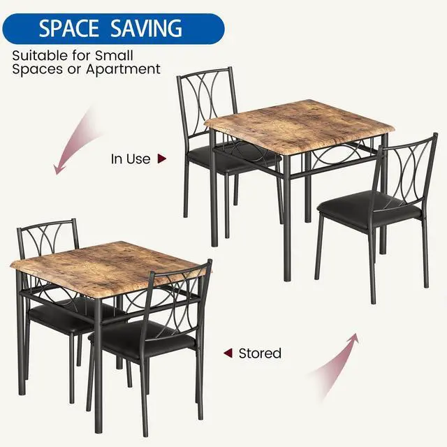 Alt view image 6 of 6 - 3-Piece Dining Table Set for 2, Square Space-Saving Kitchen Table & 2 Upholstered Chairs for 2, Compact Apartment Kitchen & Dining Room Set Furniture for Small Spaces, Rustic Brown