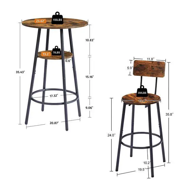 Alt view image 2 of 6 - Round Bar Table and Chair Set for 2, Small Bistro Coffe Table & Stools with Backrest, High Top Pub Set for Kitchen Dining Room, Rustic Brown