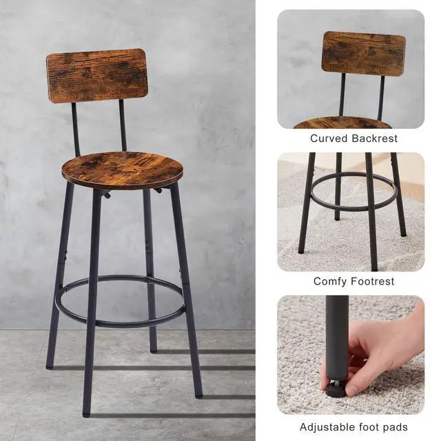 Alt view image 4 of 6 - Round Bar Table and Chair Set for 2, Small Bistro Coffe Table & Stools with Backrest, High Top Pub Set for Kitchen Dining Room, Rustic Brown