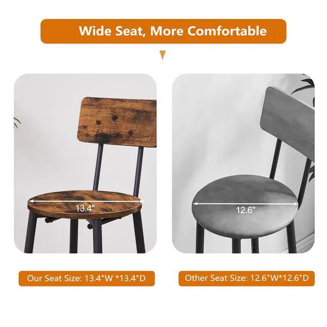 Alt view image 5 of 6 - Round Bar Table and Chair Set for 2, Small Bistro Coffe Table & Stools with Backrest, High Top Pub Set for Kitchen Dining Room, Rustic Brown