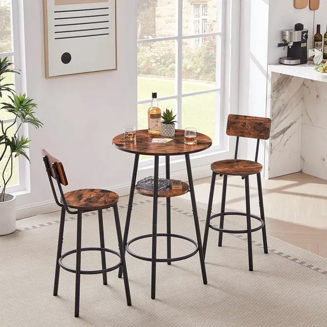 Alt view image 6 of 6 - Round Bar Table and Chair Set for 2, Small Bistro Coffe Table & Stools with Backrest, High Top Pub Set for Kitchen Dining Room, Rustic Brown