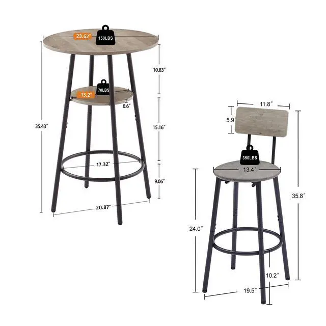 Alt view image 2 of 6 - Bar Table and Chair Set for 2, Small Round Bistro Coffe Table & PU Upholstered Stools with Backrest, High Top Pub Set for Kitchen Dining Room, Grey