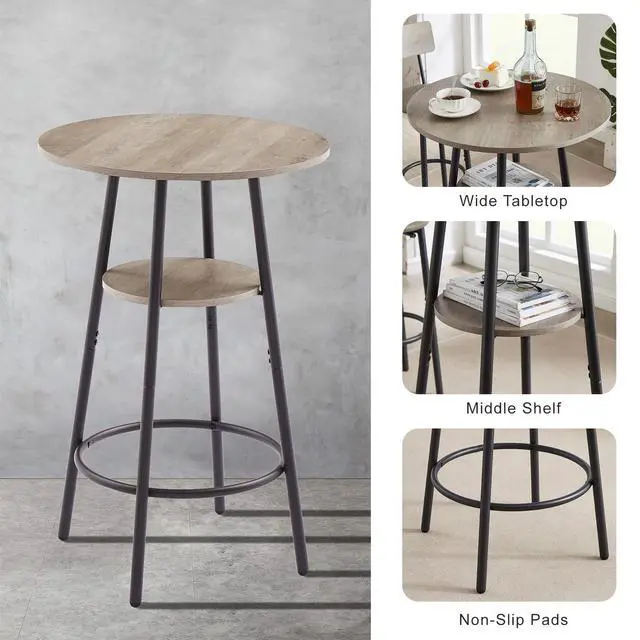 Alt view image 3 of 6 - Bar Table and Chair Set for 2, Small Round Bistro Coffe Table & PU Upholstered Stools with Backrest, High Top Pub Set for Kitchen Dining Room, Grey