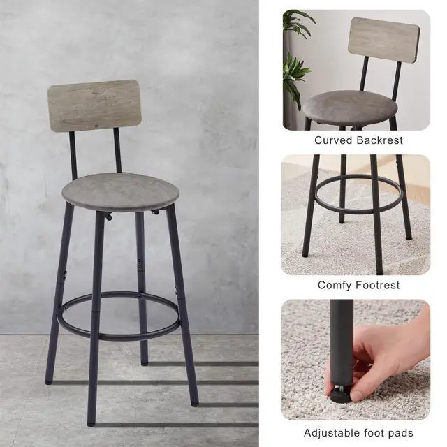 Alt view image 4 of 6 - Bar Table and Chair Set for 2, Small Round Bistro Coffe Table & PU Upholstered Stools with Backrest, High Top Pub Set for Kitchen Dining Room, Grey