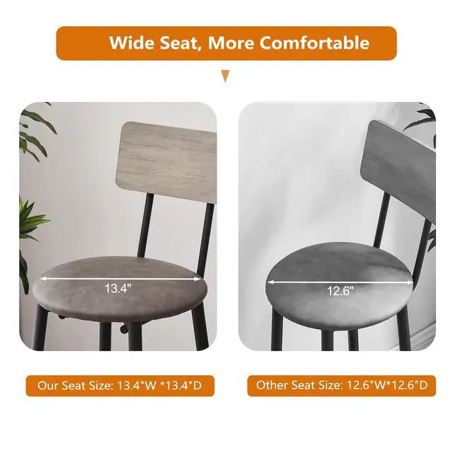 Alt view image 5 of 6 - Bar Table and Chair Set for 2, Small Round Bistro Coffe Table & PU Upholstered Stools with Backrest, High Top Pub Set for Kitchen Dining Room, Grey
