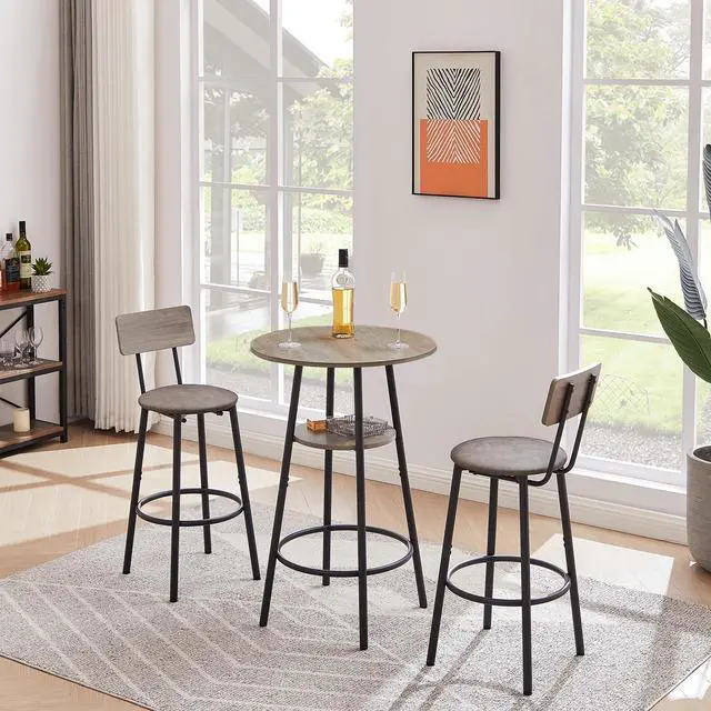 Alt view image 6 of 6 - Bar Table and Chair Set for 2, Small Round Bistro Coffe Table & PU Upholstered Stools with Backrest, High Top Pub Set for Kitchen Dining Room, Grey