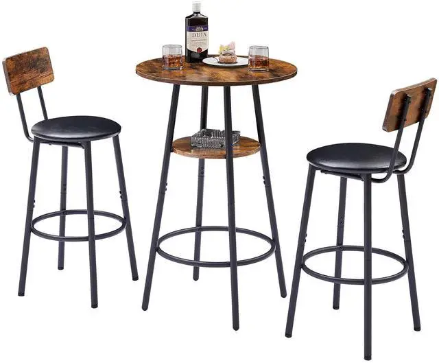 Main image of Bar Table and Chair Set for 2, Small Round Bistro Coffe Table & PU Upholstered Stools with Backrest, High Top Pub Set for Kitchen Dining Room, Brown