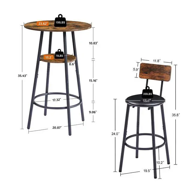 Alt view image 2 of 6 - Bar Table and Chair Set for 2, Small Round Bistro Coffe Table & PU Upholstered Stools with Backrest, High Top Pub Set for Kitchen Dining Room, Brown