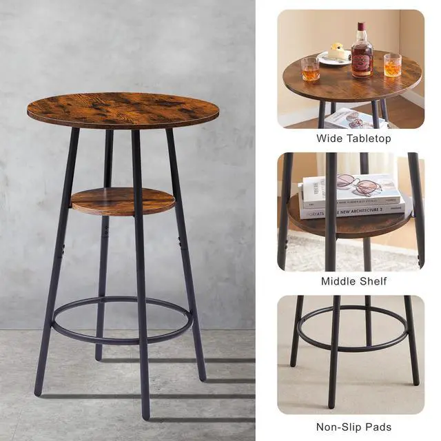 Alt view image 3 of 6 - Bar Table and Chair Set for 2, Small Round Bistro Coffe Table & PU Upholstered Stools with Backrest, High Top Pub Set for Kitchen Dining Room, Brown