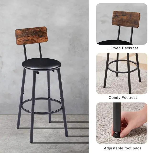 Alt view image 4 of 6 - Bar Table and Chair Set for 2, Small Round Bistro Coffe Table & PU Upholstered Stools with Backrest, High Top Pub Set for Kitchen Dining Room, Brown