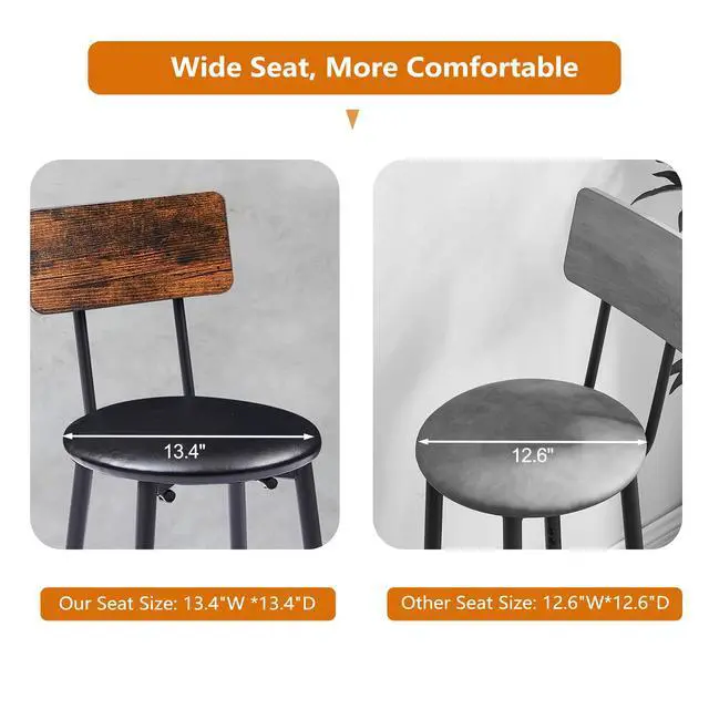 Alt view image 5 of 6 - Bar Table and Chair Set for 2, Small Round Bistro Coffe Table & PU Upholstered Stools with Backrest, High Top Pub Set for Kitchen Dining Room, Brown