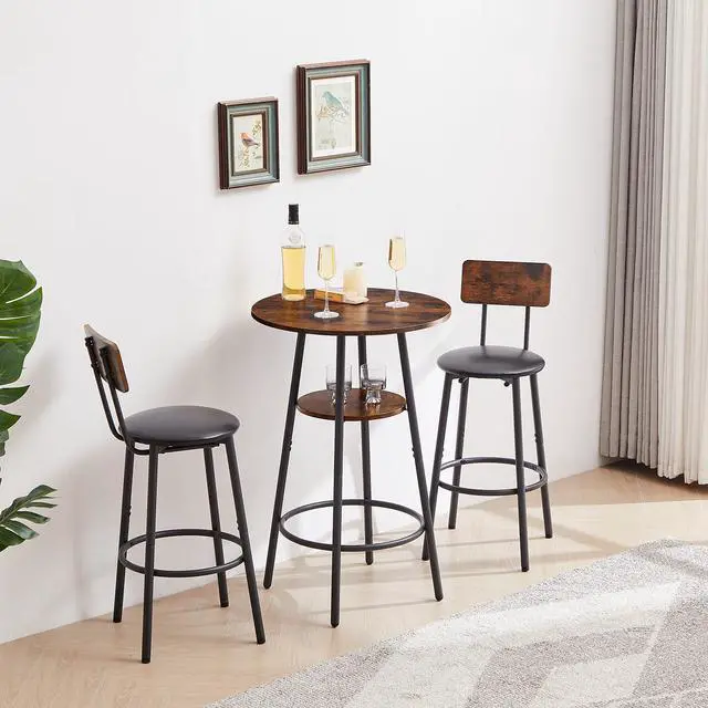 Alt view image 6 of 6 - Bar Table and Chair Set for 2, Small Round Bistro Coffe Table & PU Upholstered Stools with Backrest, High Top Pub Set for Kitchen Dining Room, Brown