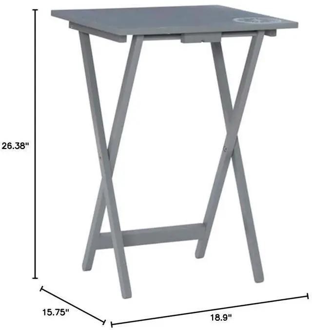Alt view image 2 of 6 - 5 Piece TV Tray Table Set, Gray Wood with Compass Planked Top, Foldable Rubberwood and MDF, Includes Storage Stand, Handle for Easy Transport, Living Room Furniture, Ideal for Small Spaces
