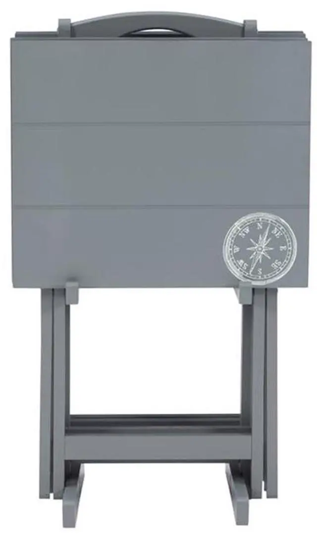 Alt view image 3 of 6 - 5 Piece TV Tray Table Set, Gray Wood with Compass Planked Top, Foldable Rubberwood and MDF, Includes Storage Stand, Handle for Easy Transport, Living Room Furniture, Ideal for Small Spaces