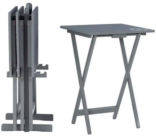 Alt view image 4 of 6 - 5 Piece TV Tray Table Set, Gray Wood with Compass Planked Top, Foldable Rubberwood and MDF, Includes Storage Stand, Handle for Easy Transport, Living Room Furniture, Ideal for Small Spaces