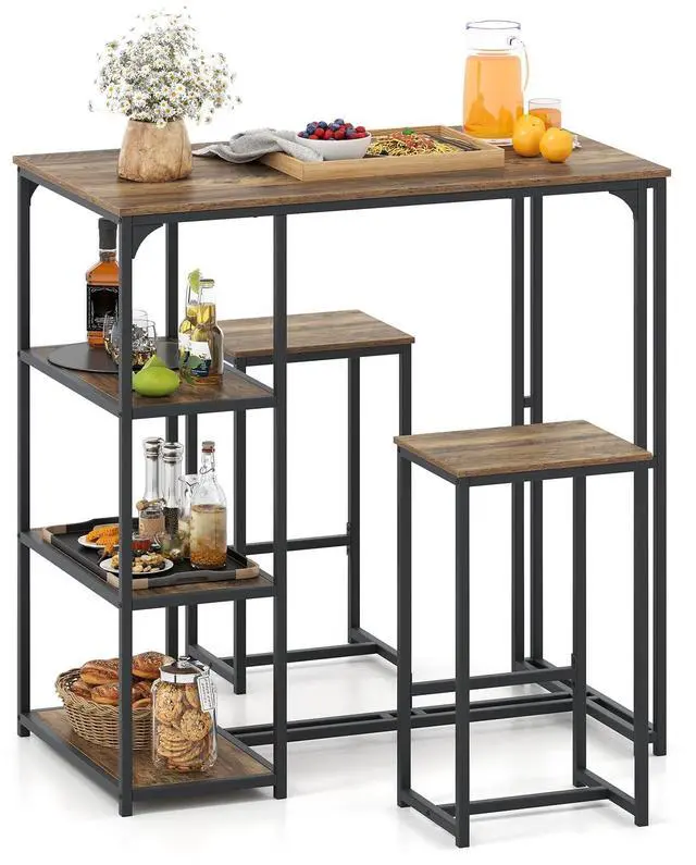 Main image of 3-Piece Bar Table Set for 2, Industrial Pub Table and 2 Stools Set with Storage Shelves and Metal Frame, Space Saving Rectangular Dining Table Set for Kitchen, Living Room, Dining Room, Bistro