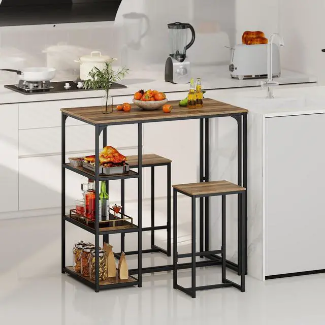 Alt view image 2 of 5 - 3-Piece Bar Table Set for 2, Industrial Pub Table and 2 Stools Set with Storage Shelves and Metal Frame, Space Saving Rectangular Dining Table Set for Kitchen, Living Room, Dining Room, Bistro