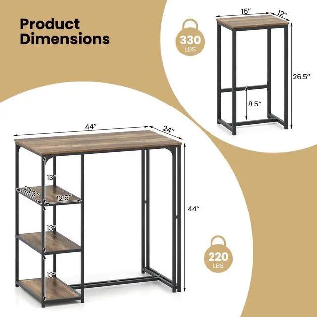 Alt view image 3 of 5 - 3-Piece Bar Table Set for 2, Industrial Pub Table and 2 Stools Set with Storage Shelves and Metal Frame, Space Saving Rectangular Dining Table Set for Kitchen, Living Room, Dining Room, Bistro