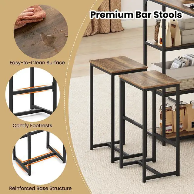Alt view image 4 of 5 - 3-Piece Bar Table Set for 2, Industrial Pub Table and 2 Stools Set with Storage Shelves and Metal Frame, Space Saving Rectangular Dining Table Set for Kitchen, Living Room, Dining Room, Bistro