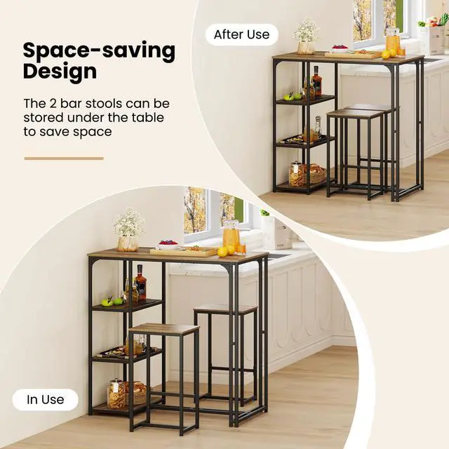 Alt view image 5 of 5 - 3-Piece Bar Table Set for 2, Industrial Pub Table and 2 Stools Set with Storage Shelves and Metal Frame, Space Saving Rectangular Dining Table Set for Kitchen, Living Room, Dining Room, Bistro