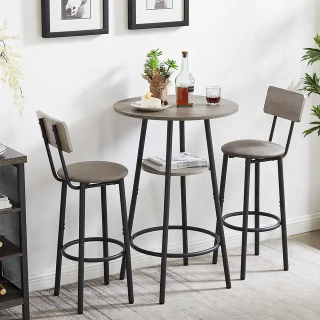 Main image of 3 Piece Bar Table Set, 2-Tier Round Pub Dining Set Wooden Bistro Table with 2 PU upholstered Stools Counter Height Kitchen Table Set for Breakfast Nook, Restaurant, Small Space(Grey)