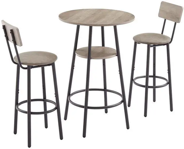 Alt view image 2 of 6 - 3 Piece Bar Table Set, 2-Tier Round Pub Dining Set Wooden Bistro Table with 2 PU upholstered Stools Counter Height Kitchen Table Set for Breakfast Nook, Restaurant, Small Space(Grey)